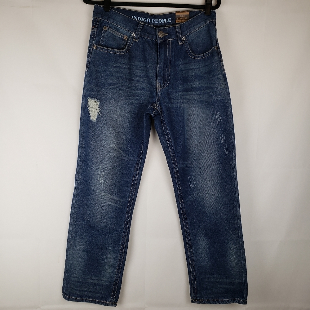 Indigo People Men's Jeans Slim Straight Size 33X30 Distressed Blue